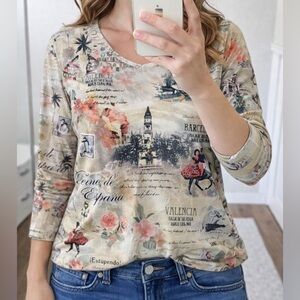 Vintage Cream Graphic Tee Shirt Women Small Boho Cottagecore‎ Fairycore Y2K